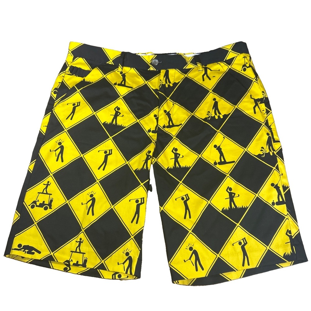 Royal & Awesome Shorts Men's 38 Black Yellow Hazard Sign Print 10" Golf Chino